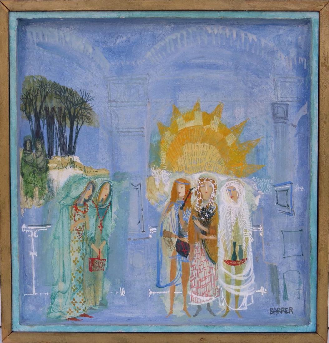 GERTRUDE RUSSELL BARRER (New York, 1921-1992), Mixed: GERTRUDE RUSSELL BARRER (New York, 1921-1992), Mixed Media/Paper, Mystical Women in an Architectural Interior, 11 inches by 10 ½ inches, signed “Barrer” lower right. She was a prominent Mid-20th 