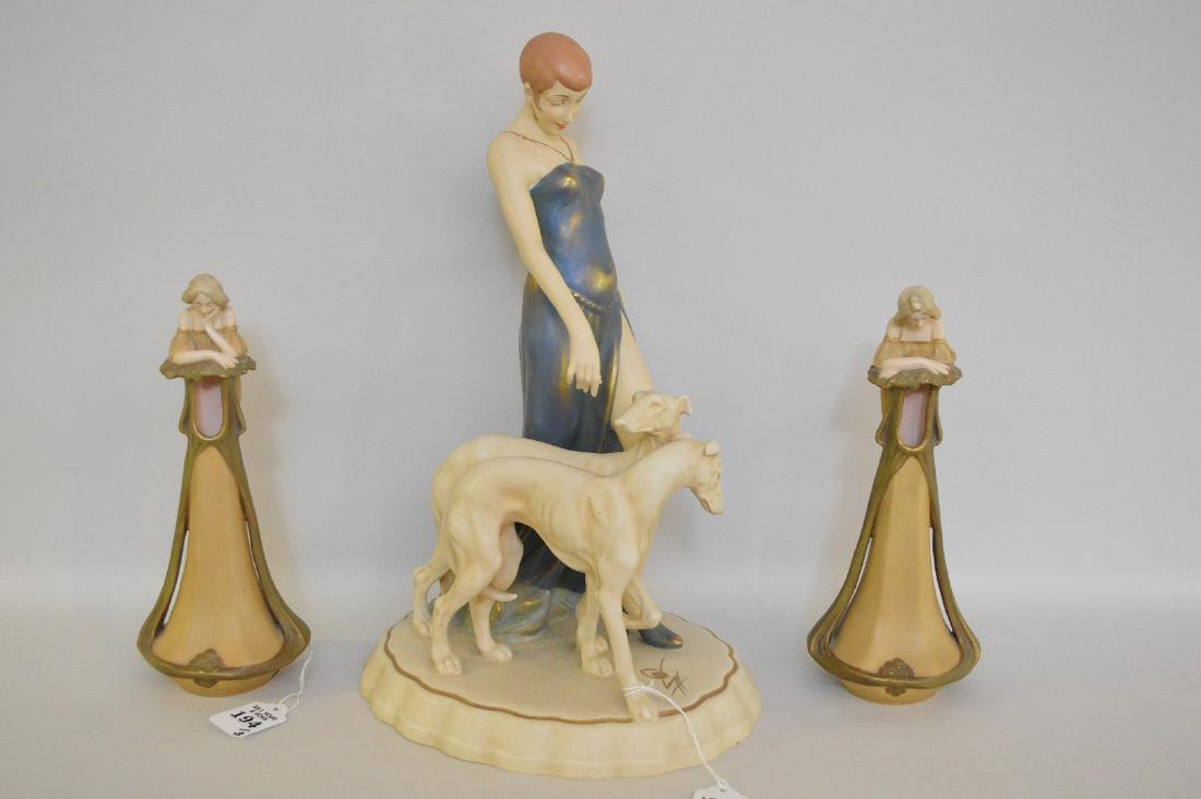 3 PIECES AUSTRIAN PORCEALIN.  2 FIGURAL BUD VASES. (1 of 9)