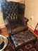 CHESTERFIELD BROWN LEATHER WING BACK CHAIR & OTTOMAN,