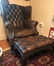 CHESTERFIELD BROWN LEATHER WING BACK CHAIR & OTTOMAN, - 6