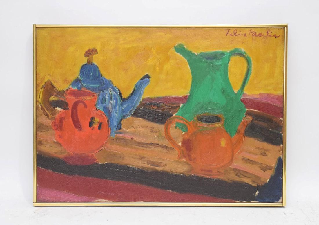 Felix Pasilis (b. 1922) American, 20th Century, Oil on: Felix Pasilis (b. 1922) American, 20th Century, Oil on canvas, Depicts a still life with teapot and jugs in red, blue and green against a yellow background. Signed upper right, “Felix Pasilis” H.
