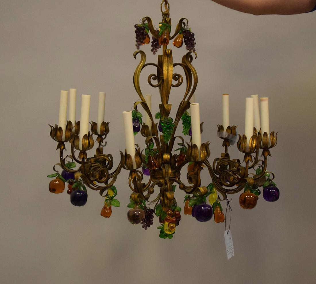 Vintage 12 lite gilt metal chandelier with colored (1 of 2)