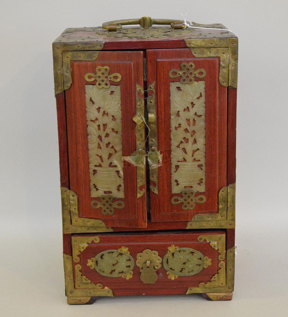 CHINESE TEAK WOOD, BRASS & JADE JEWELRY BOX.  2 Doors (1 of 5)