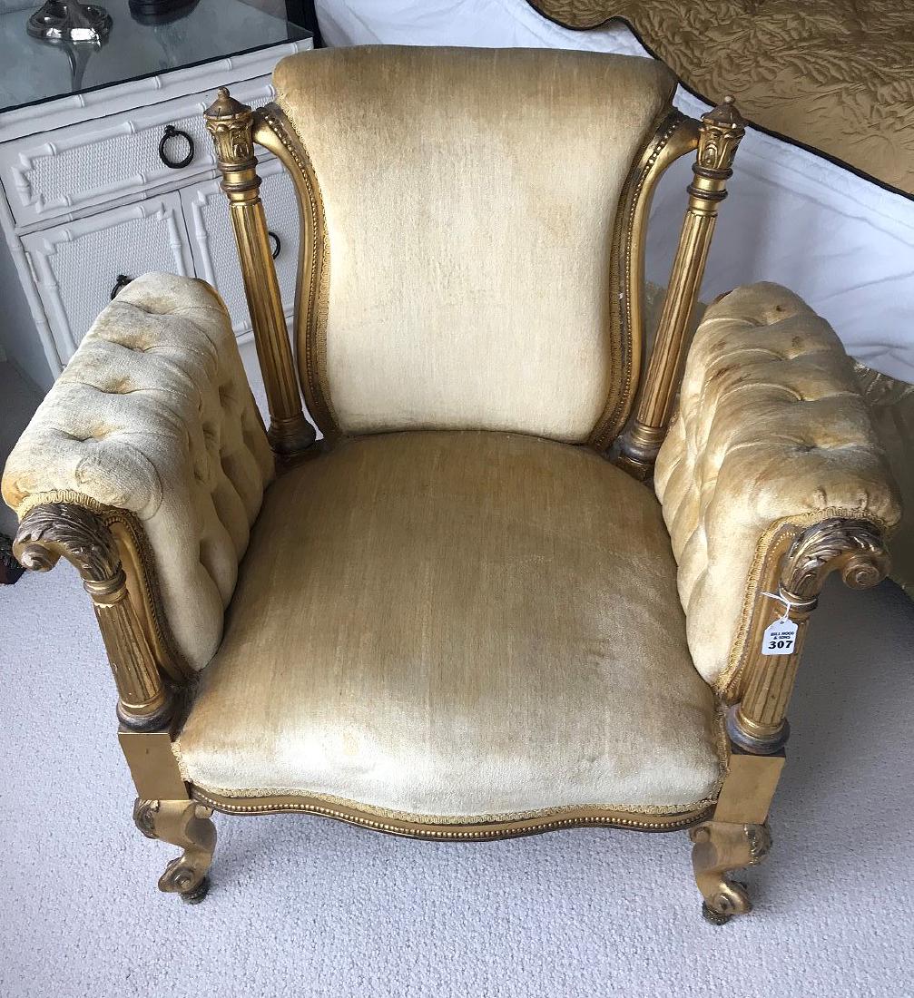 19th Century Carved Giltwood and Gold Velveteen: 19th Century Carved Giltwood and Gold Velveteen Upholstered Chair. Condition: Good, with minor normal wear. 30” H x 30” W x 23”D, seat height 14” H. Lot: #307