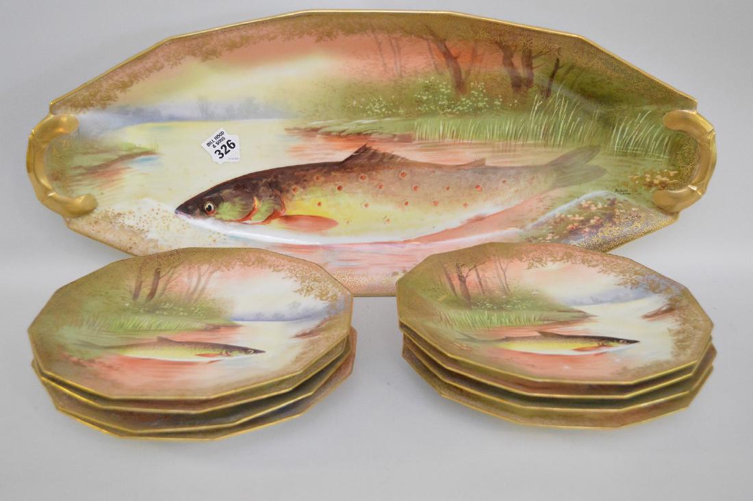 Fish Set, hand painted French, 9 pcs, platter (24"L) (1 of 5)