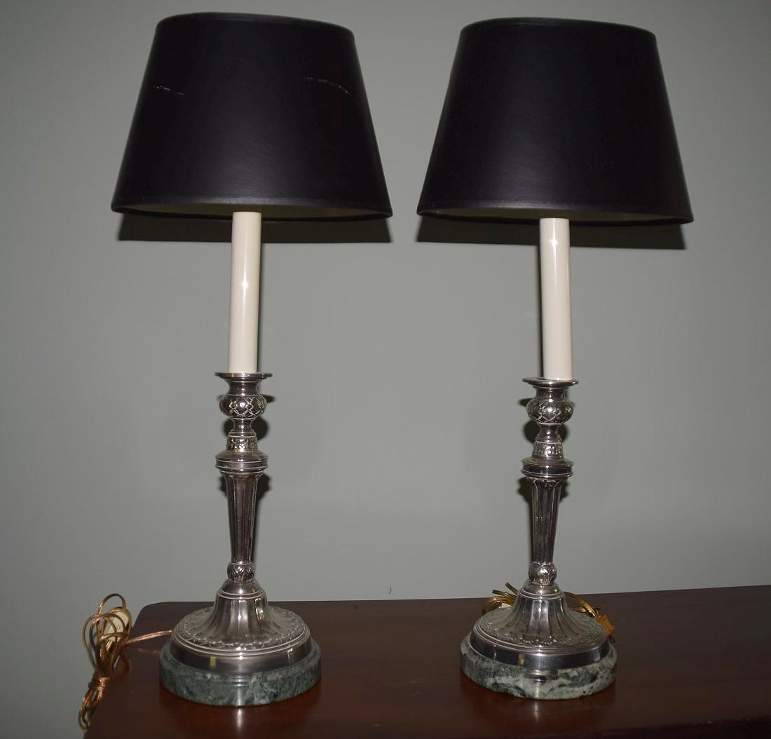 Pair of silver candlestick lamps on green marble bases, (1 of 3)