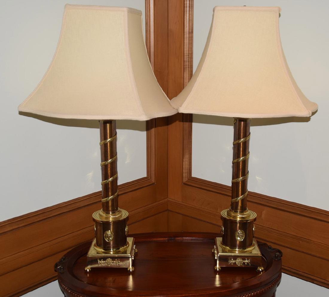 Pair of French Empire mixed metal lamps, 32"h to top of: Pair of French Empire mixed metal lamps, 32"h to top of harp