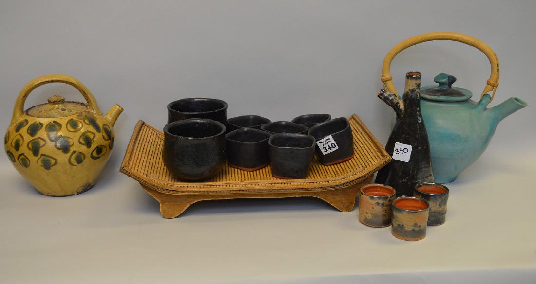 Studio Pottery, mostly from Penland School of the Arts,: Studio Pottery, mostly from Penland School of the Arts, NC lot of 5 Japanese teapots & cups with bamboo tray by Walker