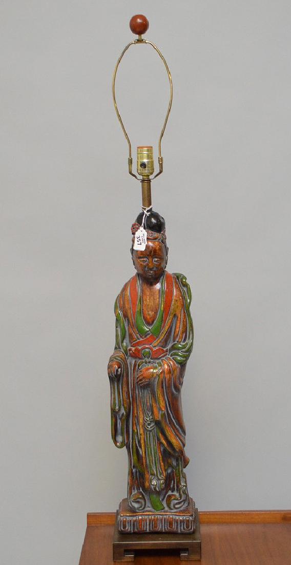Carved painted wood Quan Yin sculpture lamp, 28" to top (1 of 4)