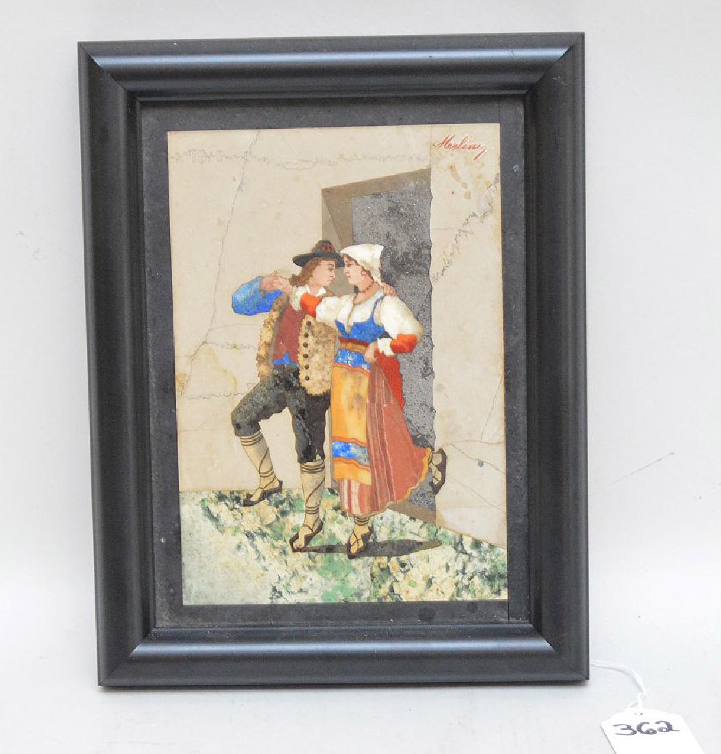 FRAMED ITALIAN PIETRA DURA PLAQUE SIGNED MERLINI: FRAMED ITALIAN PIETRA DURA PLAQUE SIGNED MERLINI depicting a man and woman standing in a doorway. Condition: good with no noticeable damage. 9" x 7" including the frame.