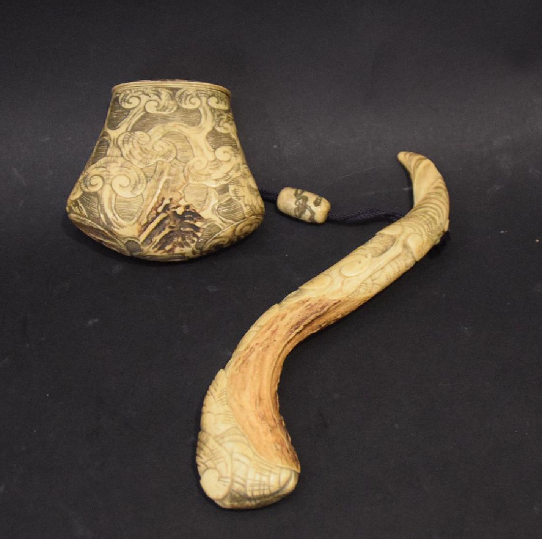 EARLY JAPANESE CARVED ANTLER INRO, OJIME & NETSUKE - (1 of 6)