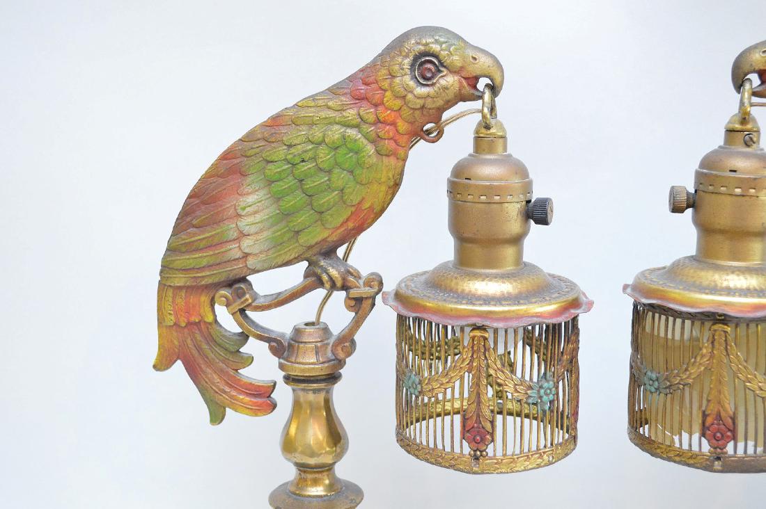 Pair lamps, iron & bronze figural Parrots with cage, (1 of 5)