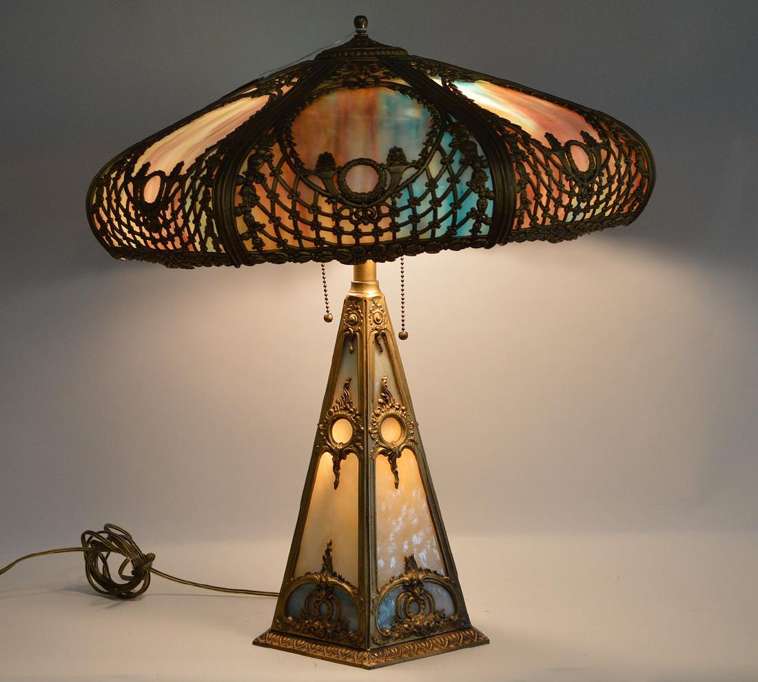 ANTIQUE SLAG GLASS LAMP on cast gilt metal and slag (1 of 8)