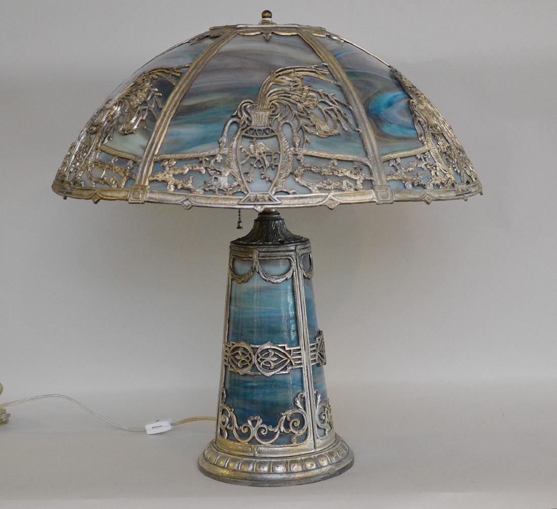ANTIQUE SLAG GLASS & SILVER METAL LAMP on cast silver (1 of 11)