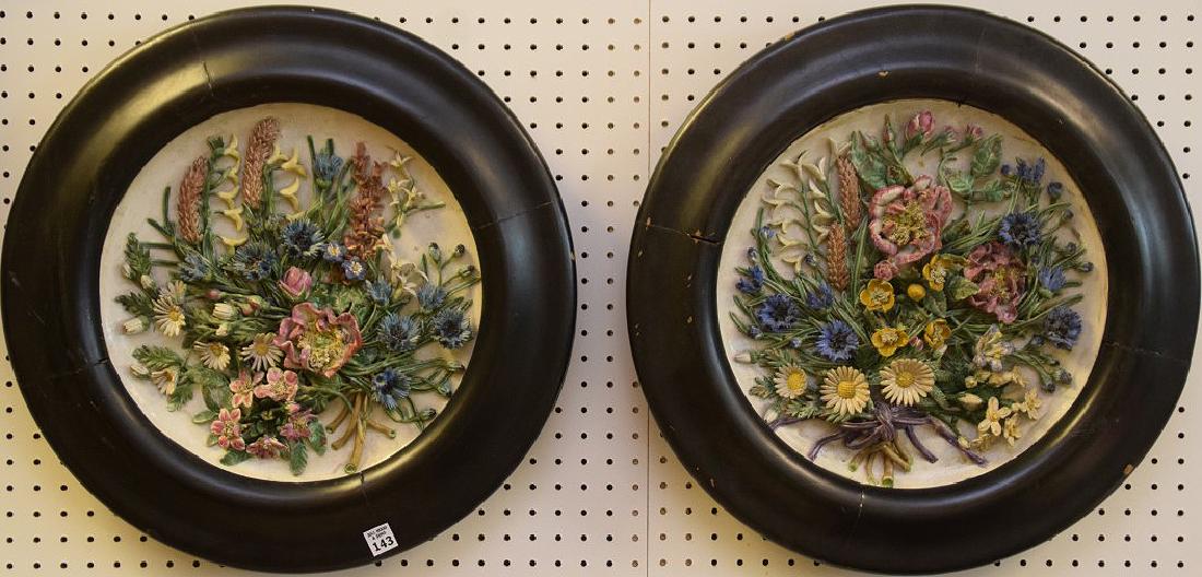 PAIR MENTON French majolica plaques, 19th c, 15" each (1 of 6)