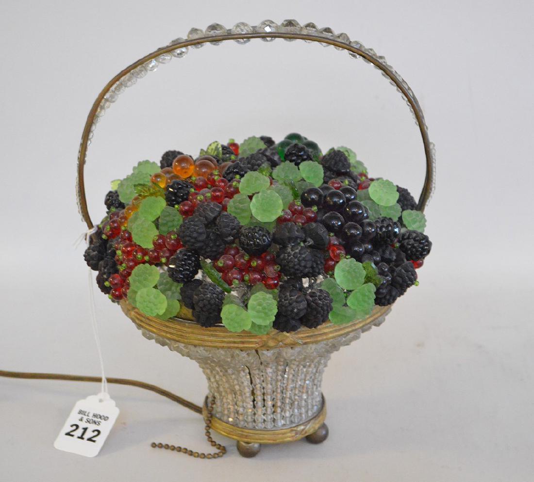 CZECHOSLOVAKIAN FRUIT BASKET LAMP with clear crystal: CZECHOSLOVAKIAN FRUIT BASKET LAMP with clear crystal sides and bale handle set in brass ormolu frame with top having a variety of cast flowers and leaves in various colors. Ht. 10". Condition: good an