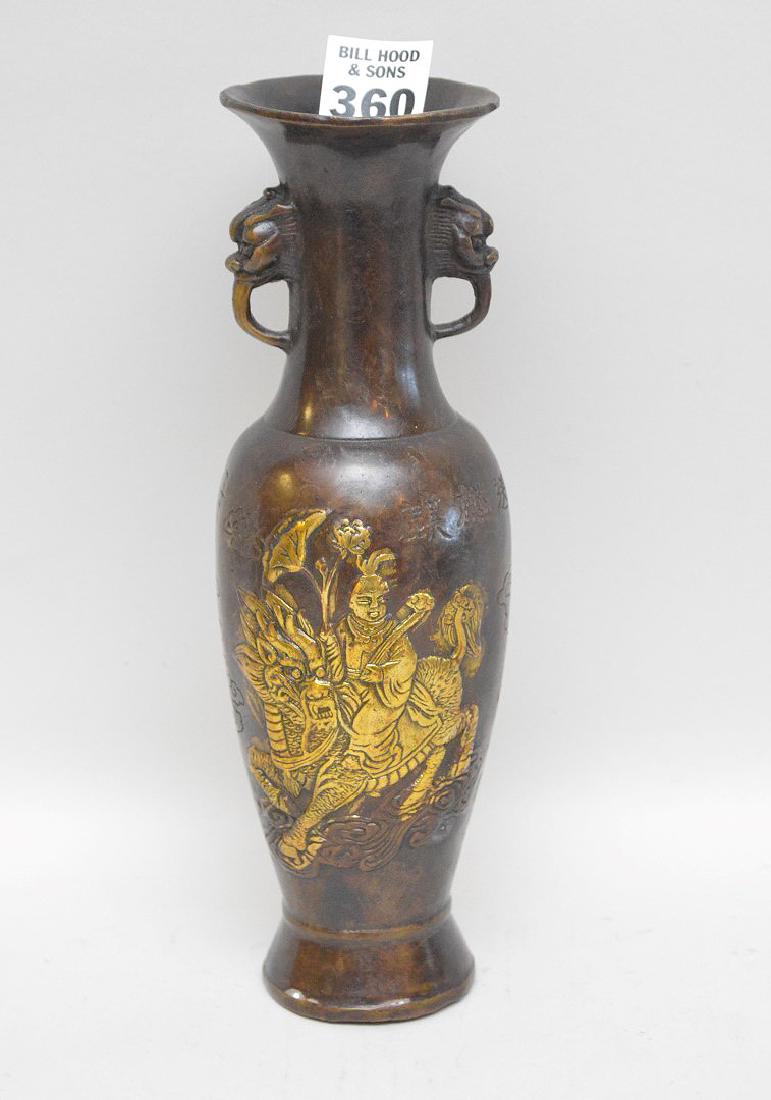 Small bronze vase with oriental warrior on horse, 9"h (1 of 5)