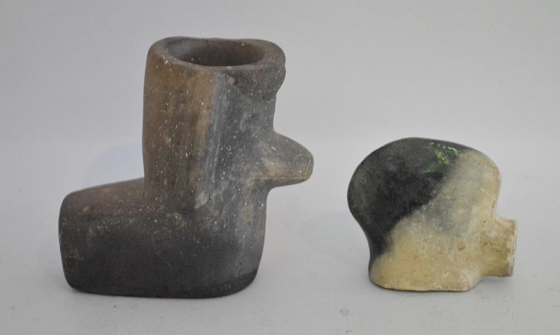 TWO CARVED STONE PIPE HEAD ARTIFACTS- Soapstone pipe 2” (1 of 4)
