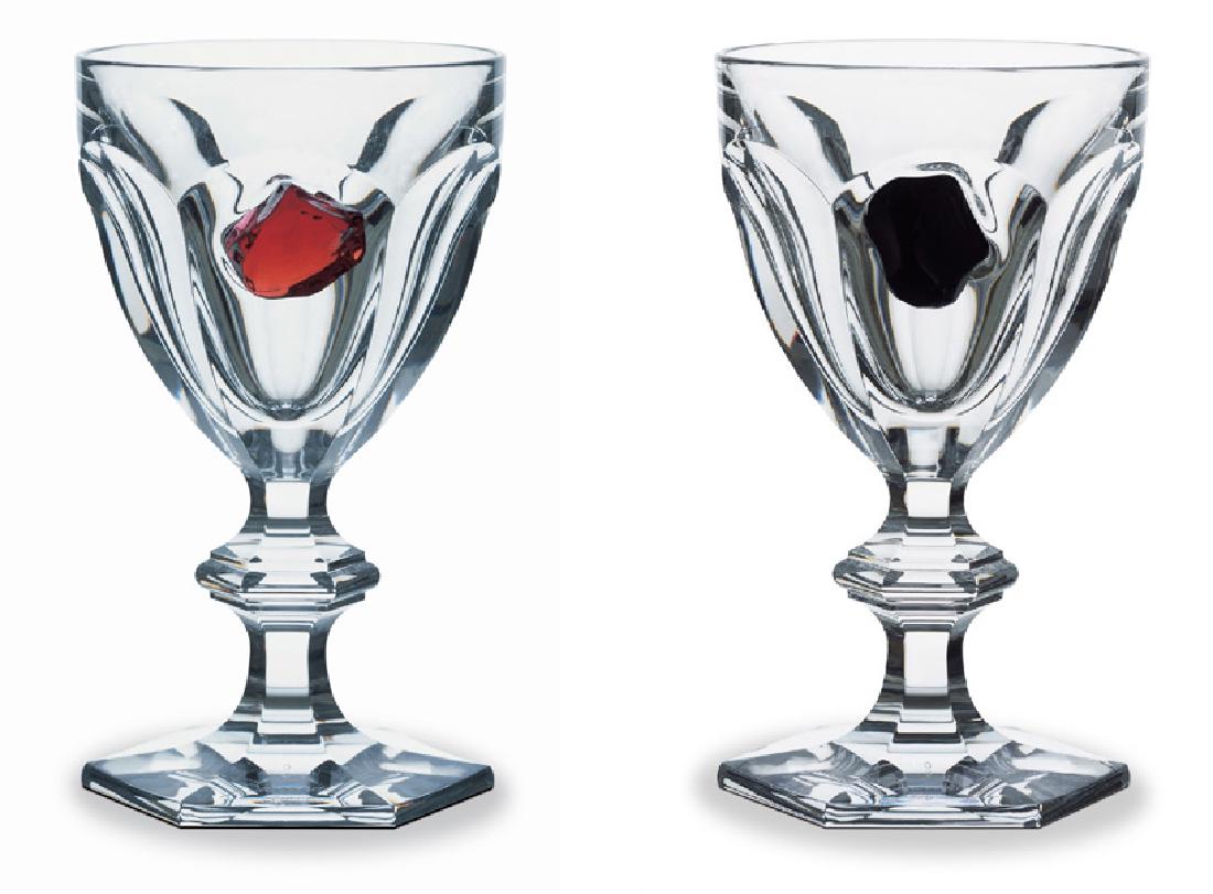 2 Philippe Starck for Baccarat Harcourt Darkside: 2 Philippe Starck for Baccarat Harcourt Darkside Collection "Aie Black" & "Aie Black" Wine Goblets - Features the iconic clear crystal Harcourt design goblet with French artist Stark's signature addit