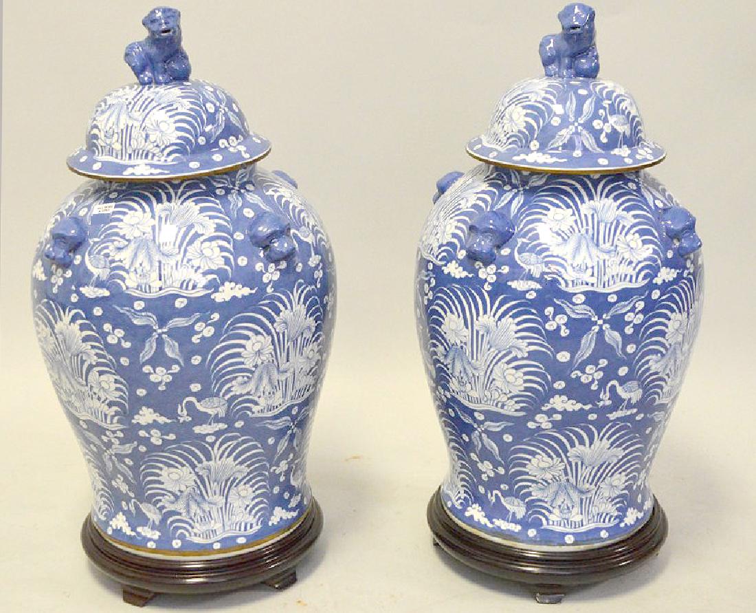 LARGE PAIR BLUE & WHITE PORCELAIN URNS.  Each with (1 of 7)