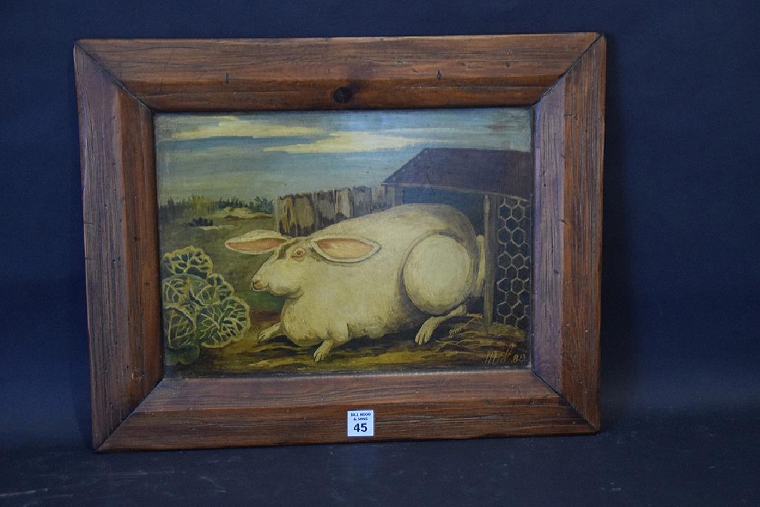 19th Century Folk Art Bunny Painting on board initialed (1 of 4)