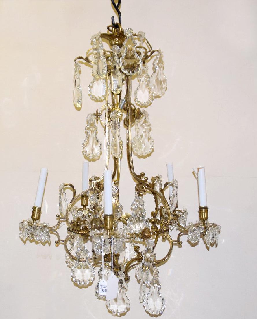 5 LIGHT GILT METAL & CRYSTAL CHANDELIER.  Condition: (1 of 3)