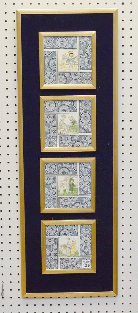 4 Kate Greenaway style framed and mounted tiles on navy: 4 Kate Greenaway style framed and mounted tiles on navy velvet and gold trim, 35 1/2"h x 12"w