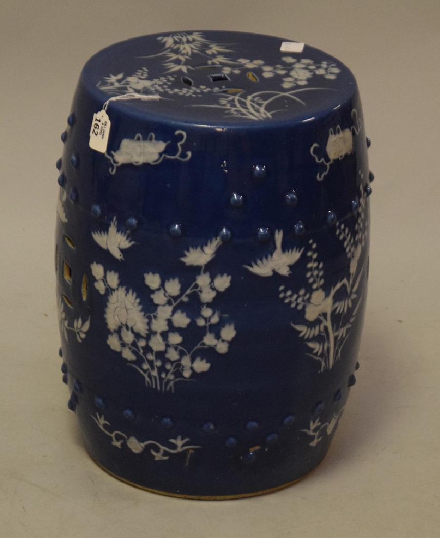 Blue and white garden seat, floral & bird motif, 18