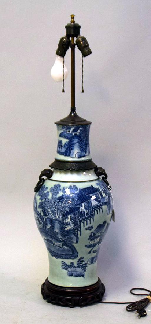 Celadon with blue urn form lamp, metal rings, 37"h  to (1 of 4)