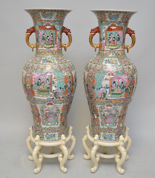 Pair Rose Medallion temple style urns on stands, 37"h (1 of 6)