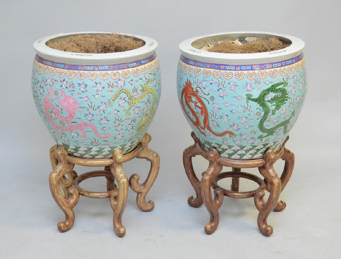 Pair turquoise/green dragon fish bowls with stands, (1 of 5)