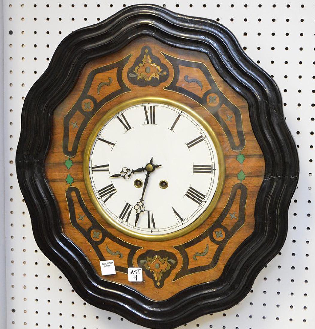 19th c. wall clock, inlay interior with porcelain face, (1 of 3)