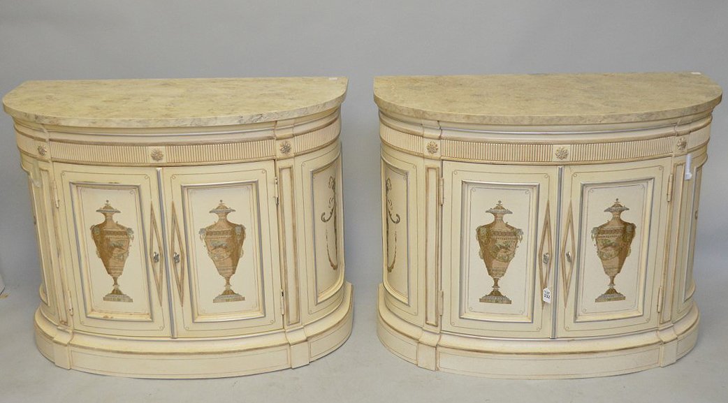 Pair painted & decorated demi lune consoles, 31"h x (1 of 4)