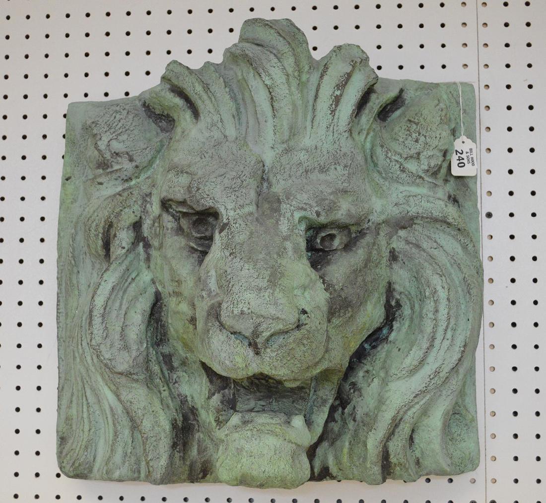 Lion Head, life size fabricated with verdigris finish,: Lion Head, life size fabricated with verdigris finish, fine details, 17"h x 18"w (fine condition)
