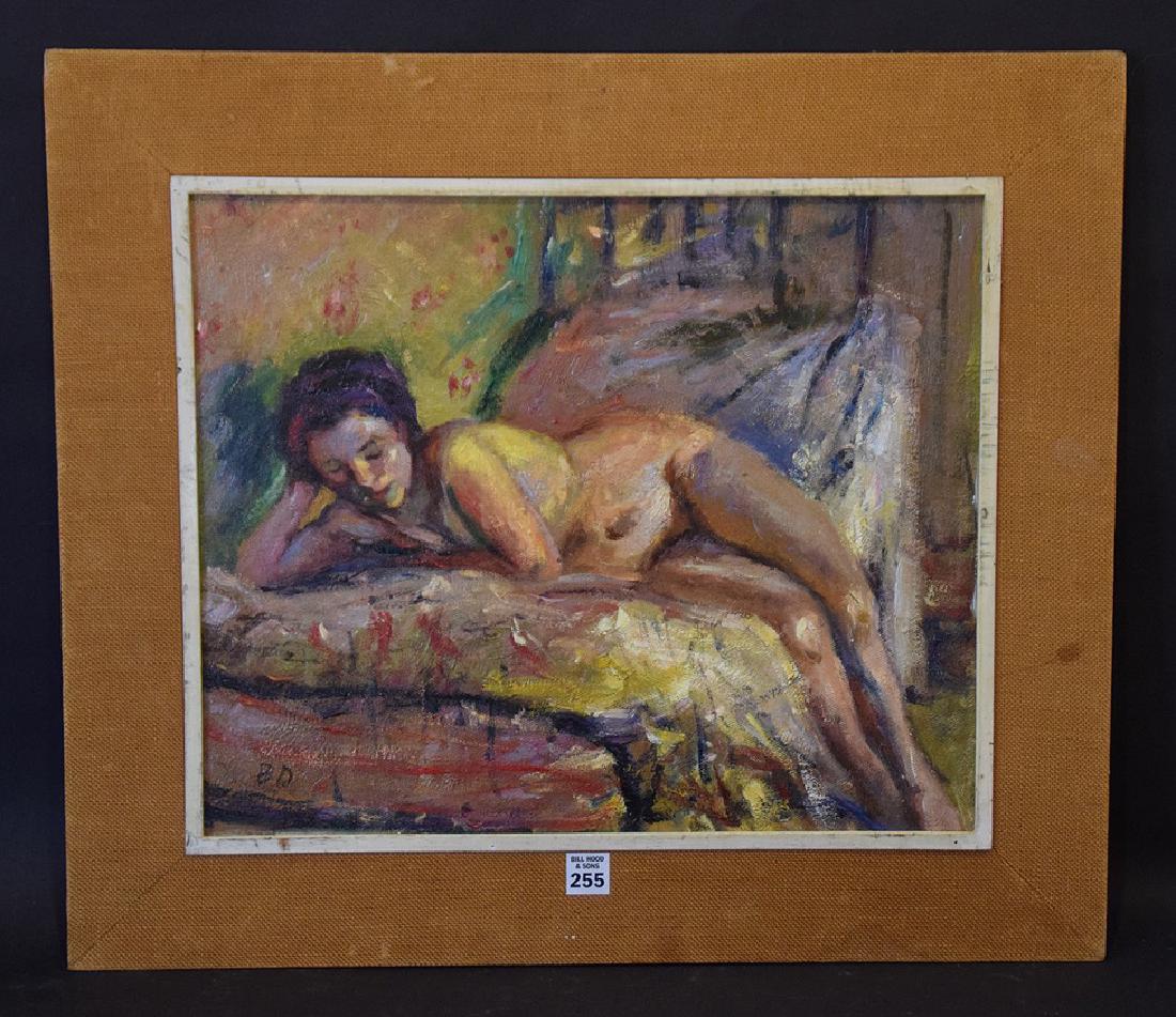 Bernard Dunstan (BRITISH, 1920) oil on board, reclining: Bernard Dunstan (BRITISH, 1920) oil on board, reclining nude, signed BD lower left, 15 x 18 inches
