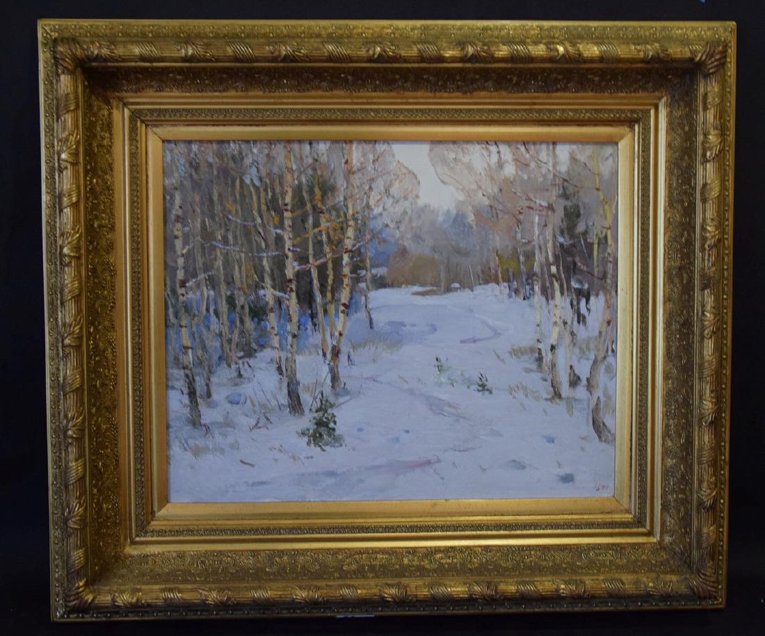 Russian Painting birch trees in winter, signature worn (1 of 4)
