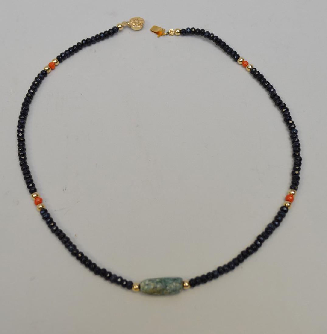 Sapphire & Faceted Coral Necklace with Pre-Colombian: Sapphire & Faceted Coral Necklace with Pre-Colombian Blue Jade Center Bead. Condition: good. Length open 18 1/4".