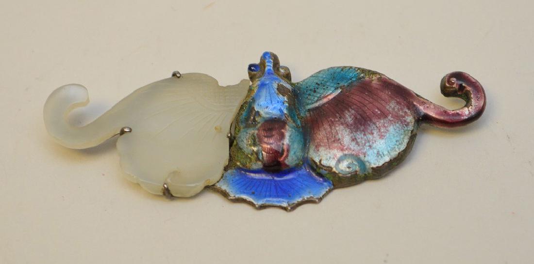 Jade, enamel and silver Chinese brooch, 2 1/2"L: Jade, enamel and silver Chinese brooch, 2 1/2"L