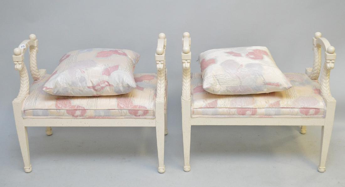 Pair white painted benches with silk upholstery, 27"h x (1 of 5)