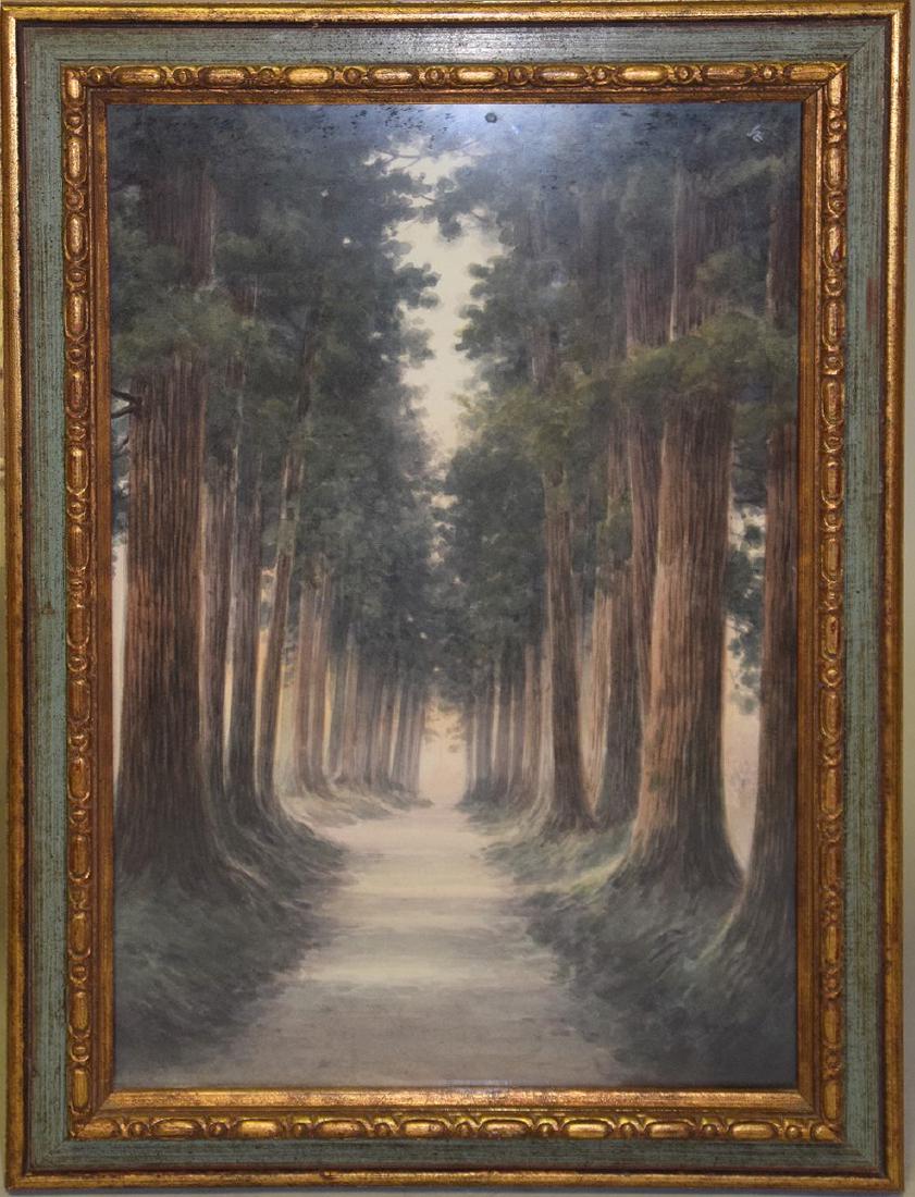 Watercolor path through tree's, signed illegibly (1 of 2)