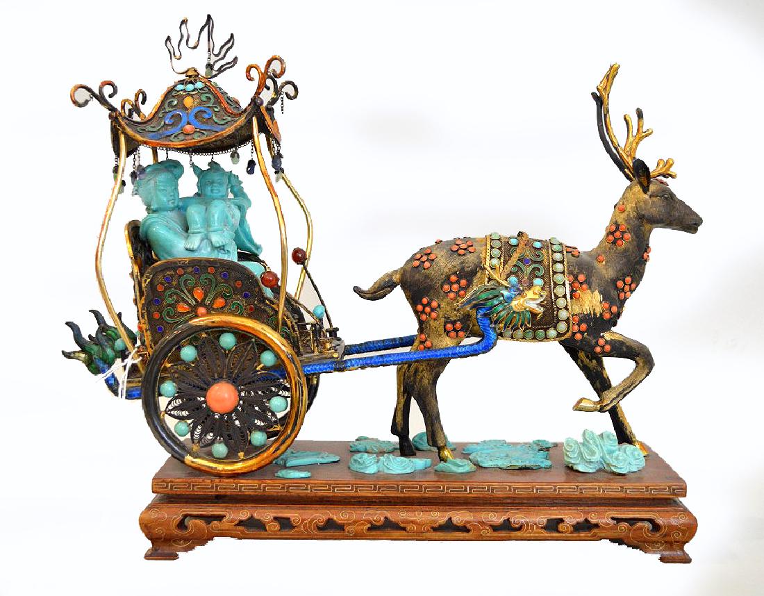 CHINESE SILVER ENAMEL & JEWELED SCULPTURE with carved (1 of 11)