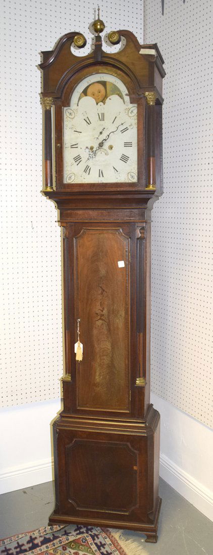 19th c. tall case clock, tin moon face with brass (1 of 4)