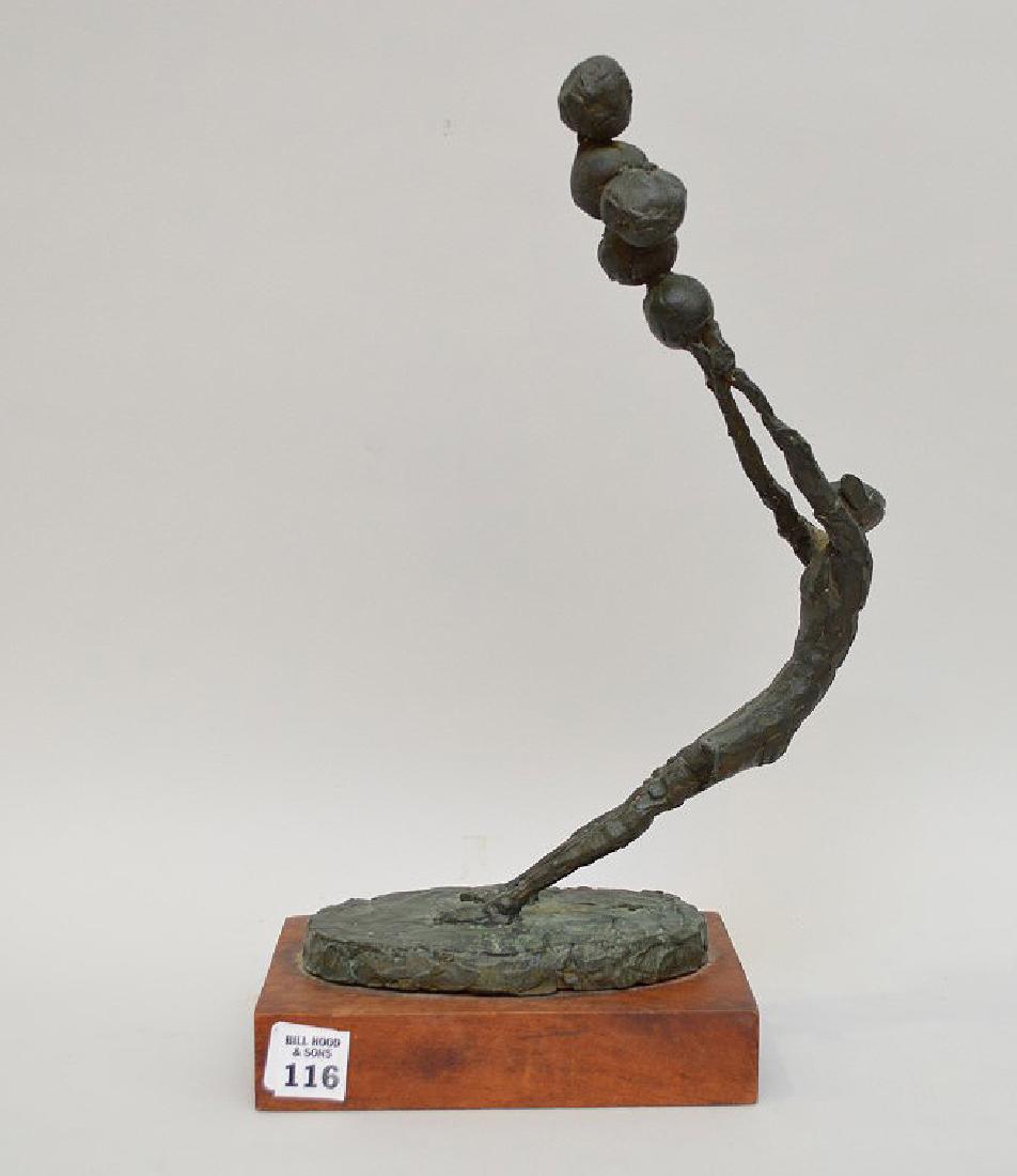 Bronze sculpture girl with balloons on wood base,: Bronze sculpture girl with balloons on wood base, attached adhesive black label reads Jane Comely, 15"h x 7 1/2"w