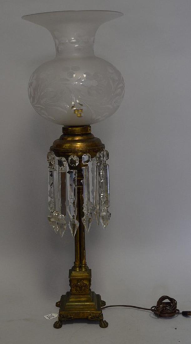 Antique Brass Column Form Lamp with etched glass Shade. (1 of 4)
