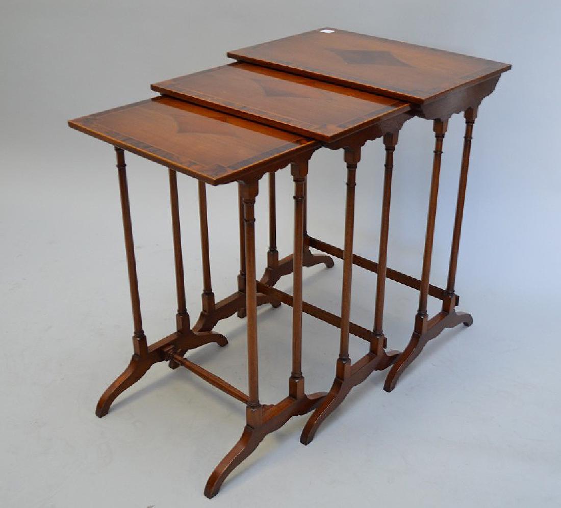 Nest (3) mahogany tables, banded burled rim with inlay (1 of 4)