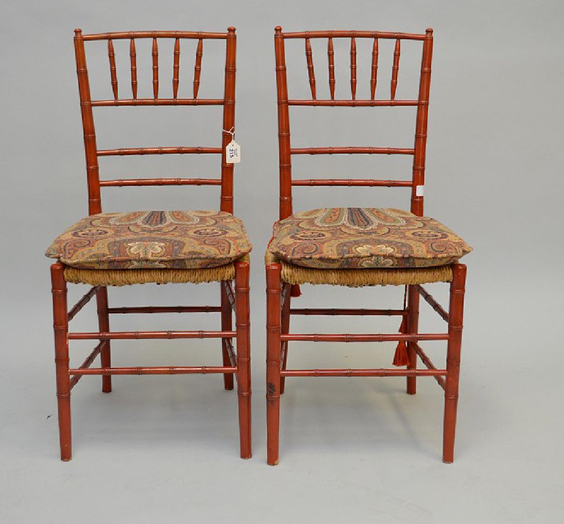 Pair small bamboo painted red side chairs