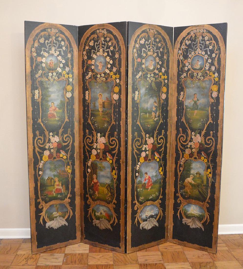 4 panel screen painted romantic scenes on wood, gilded (1 of 6)