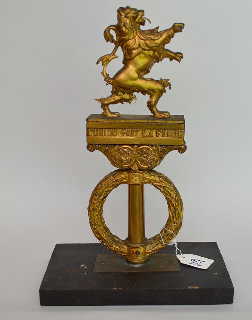 WWI Belgian brass lion, flag standard mounted on wood (1 of 6)