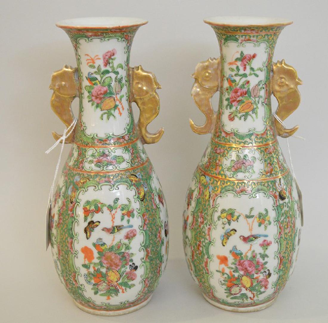 PAIR CHINESE PORCELAIN ROSE MEDALLION VASES with: PAIR CHINESE PORCELAIN ROSE MEDALLION VASES with figural dolphin handles. Condition: good with minor normal wear. No cracks or chips. Ht. 9 3/4"