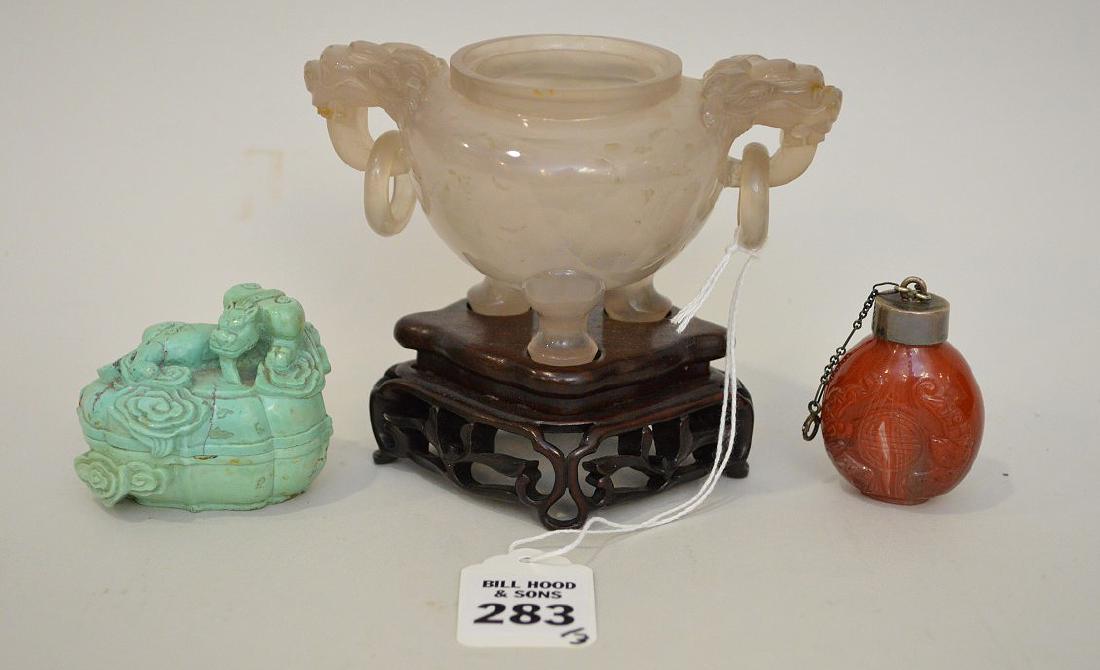 3 CHINESE  CARVED STONE ARTICLES.  Agate Snuff Bottle ( (1 of 6)